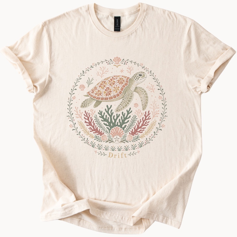 Drift Sea Turtle Ornate Nature Print Wreath Border Tee